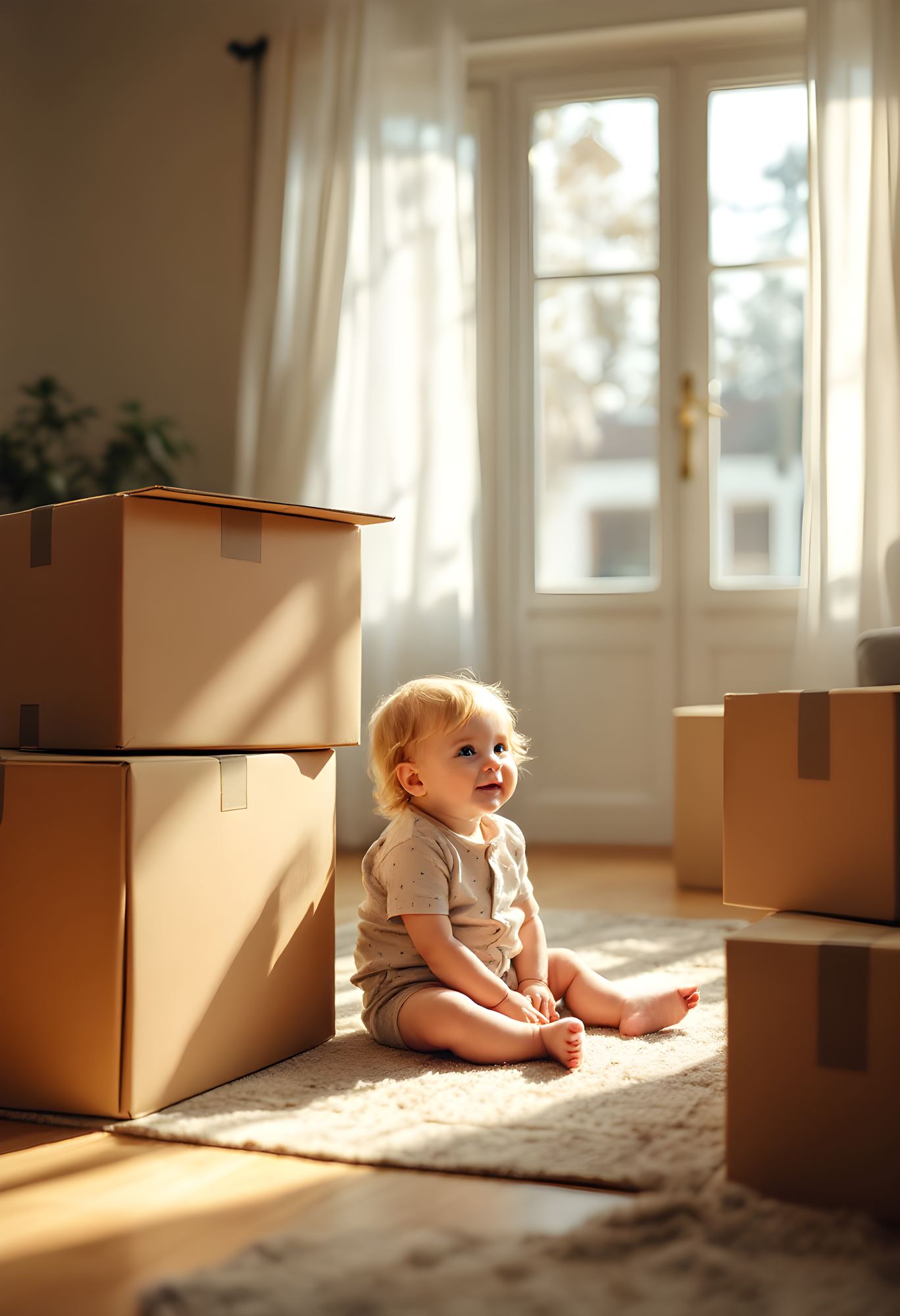 A small child on the floor beside a stack of moving boxes