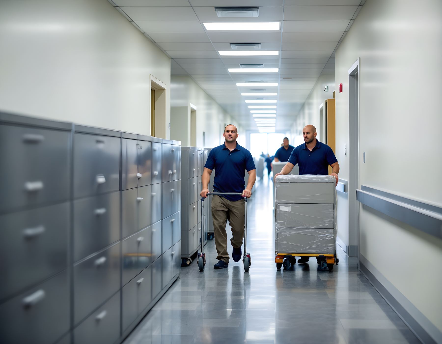Movers in navy polo shirts rolling wrapped filing cabinets down the corridor of a government office building