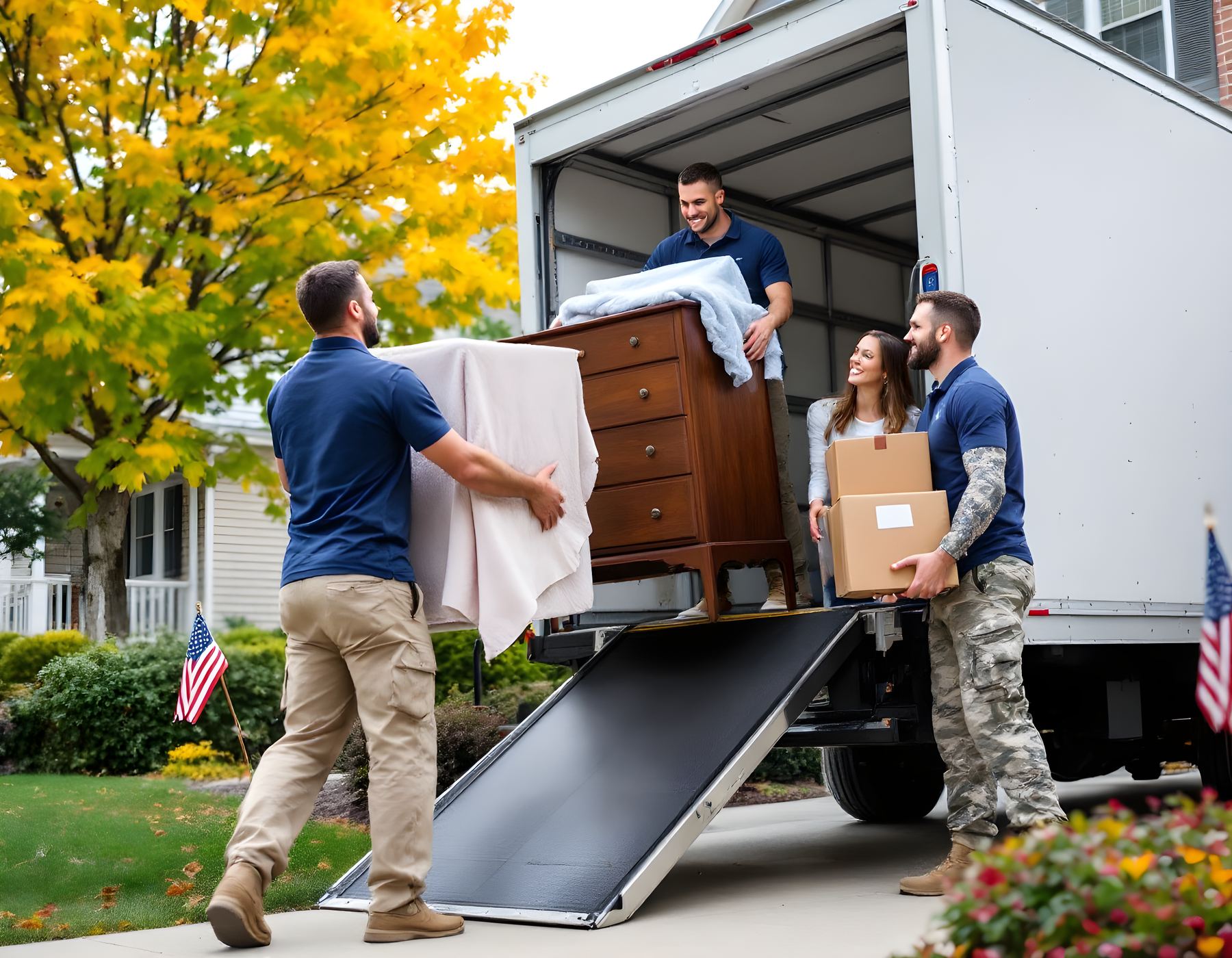 Movers in navy polo shirts loading a wrapped dresser into a box truck as a service member and his wife carry boxes