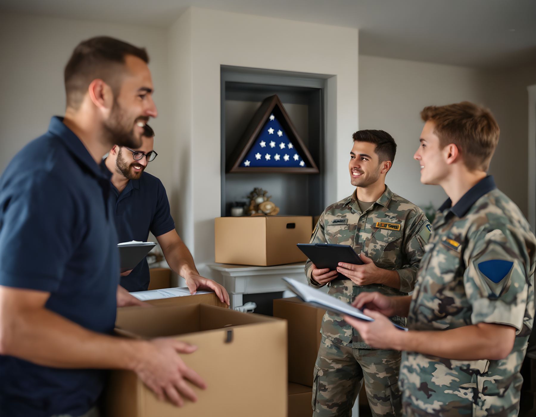 A moving crew packing boxes in a military family's home, a folded flag case on the shelf behind them