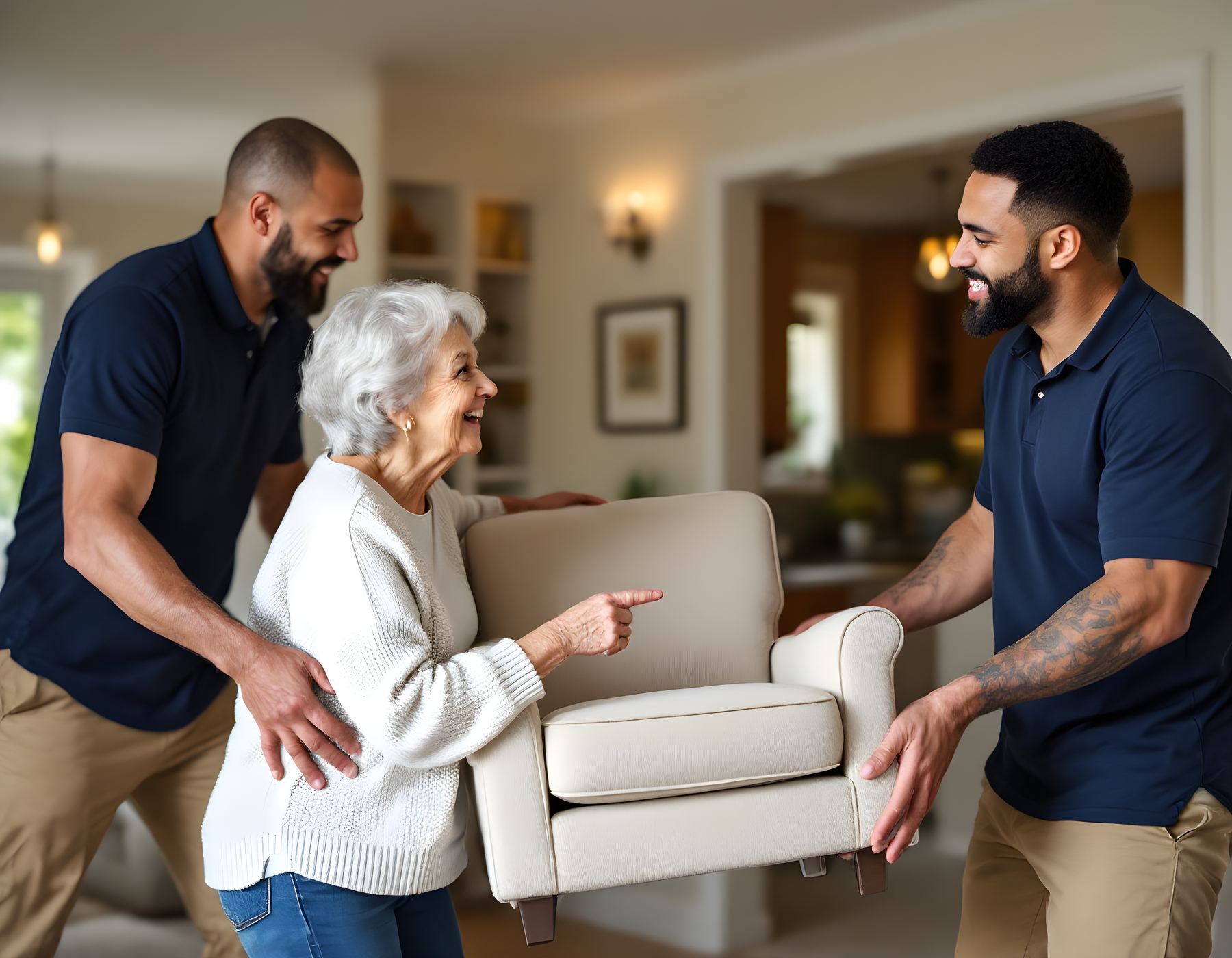 Two movers carrying an armchair into a senior living apartment as the resident points to where it goes
