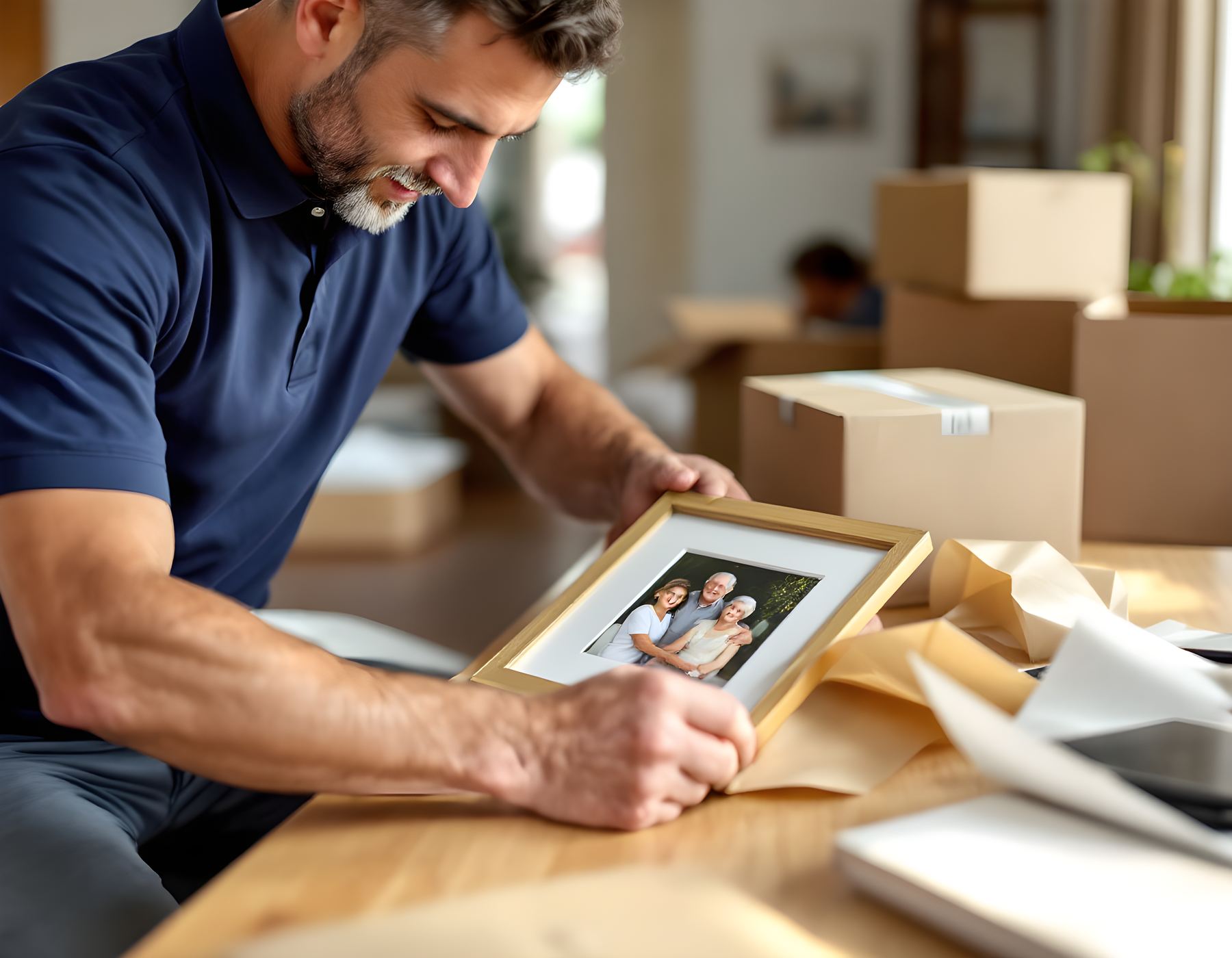 A mover in a navy polo shirt wrapping a framed family photo in packing paper