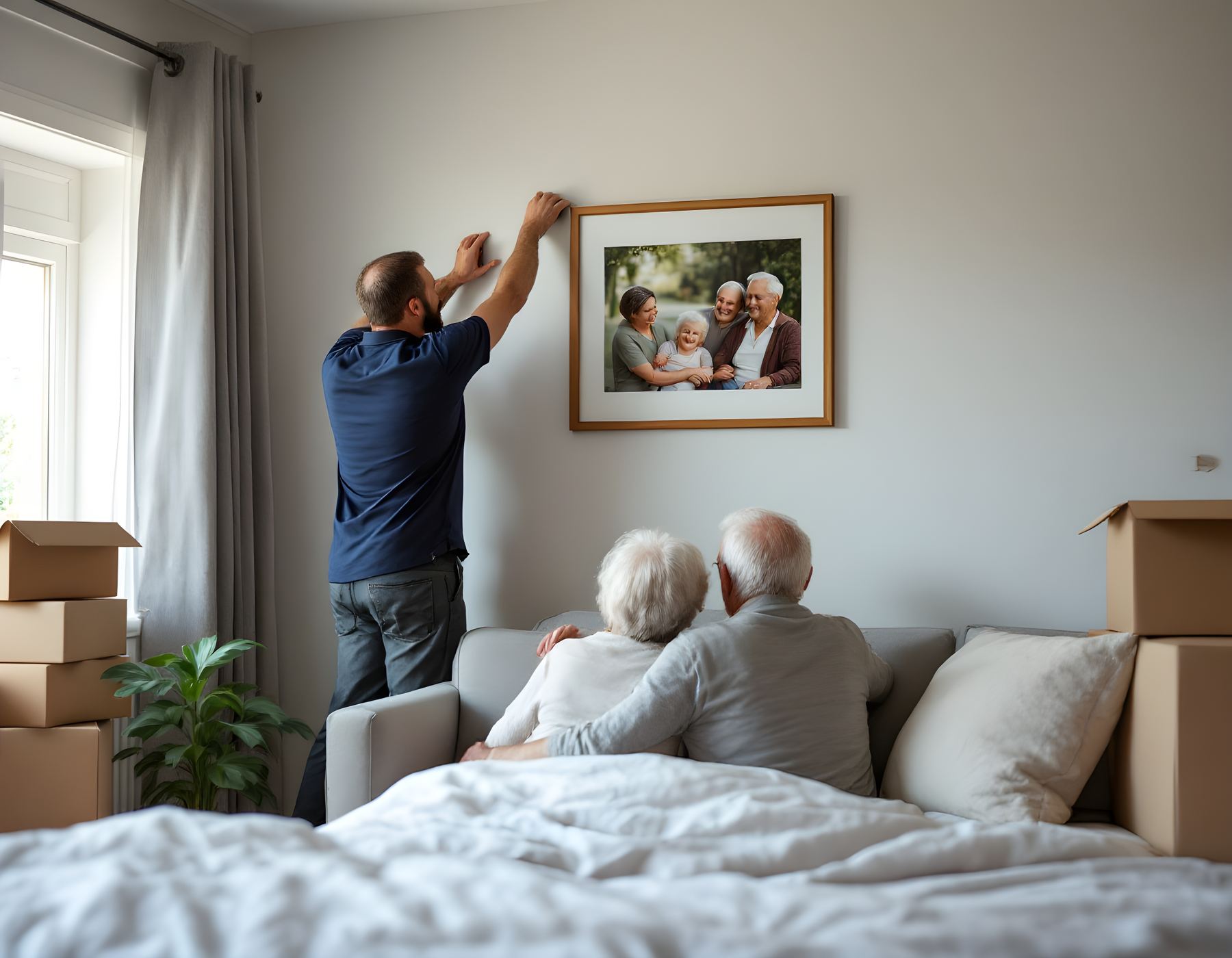 A mover hanging a framed family picture while an older couple rests on their sofa in their new apartment